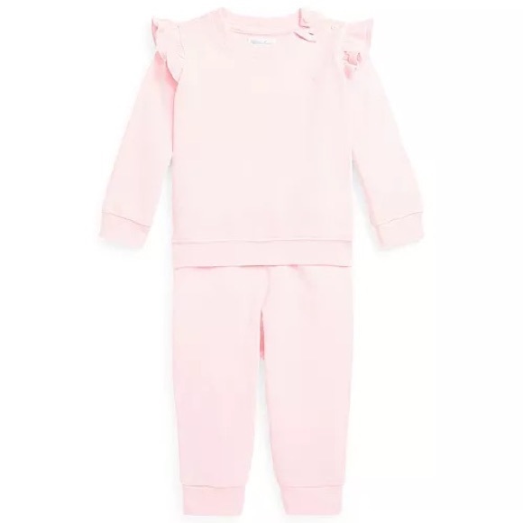Ralph Lauren Baby Girls Ruffled French Terry Top and Pant, 2 Piece Set - Picture 1 of 13